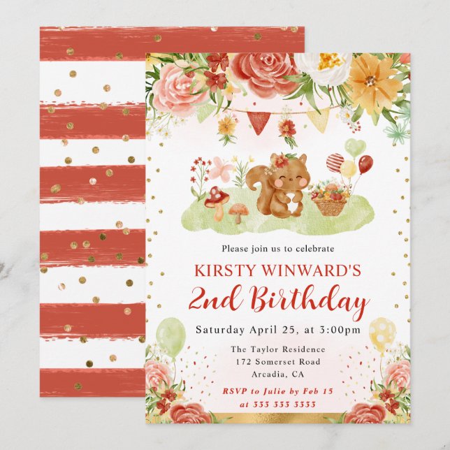Invitación Acuarela Woodland Squirrel Kids Cumpleaños (Anverso / Reverso)