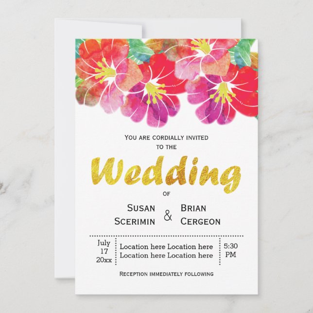 Invitación Acuarela y hoja dorada boda de verano floral (Anverso)