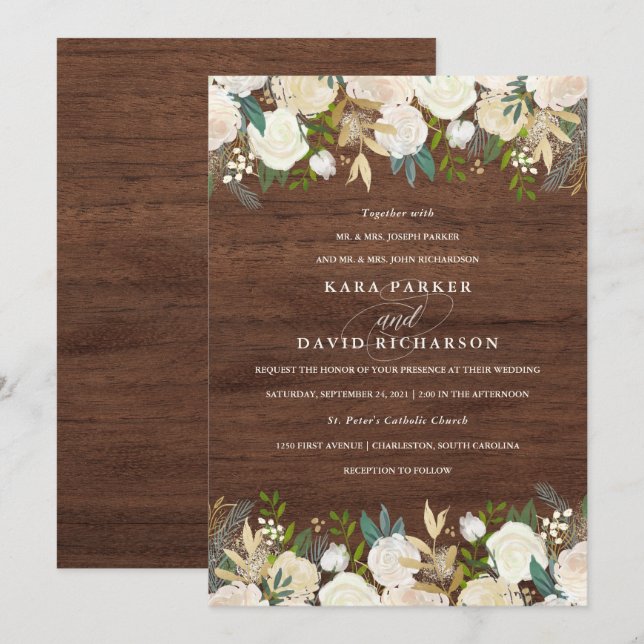 Invitación Acuarela y madera | Boda floral rústico (Anverso / Reverso)