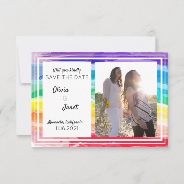 Invitación Acuarelas Arcoíris Boda Salva la Fecha FOTO (Anverso)