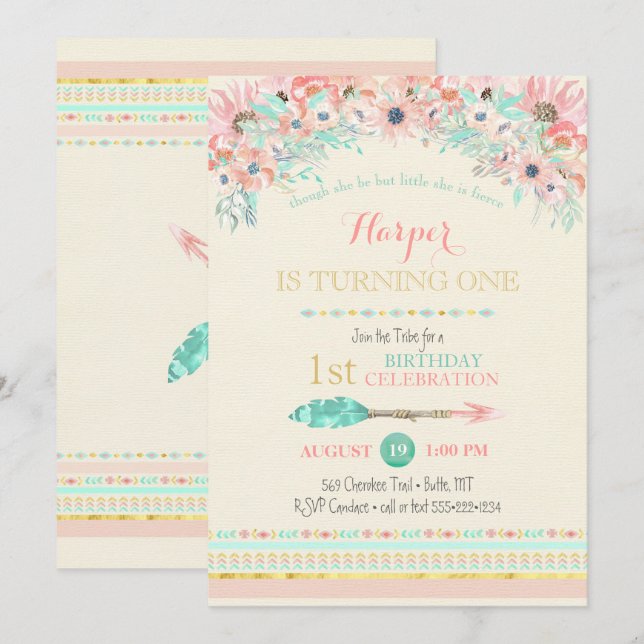 Invitación Acuarelas florales de Boho Tribal melocotón menta  (Anverso / Reverso)