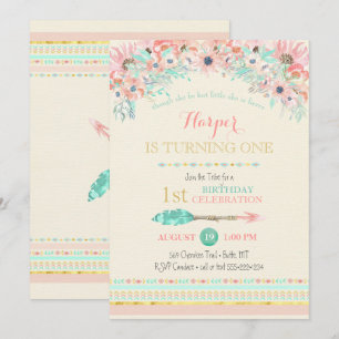 Invitación Acuarelas florales de Boho Tribal melocotón menta