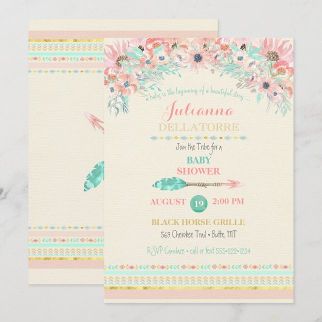 Invitación Acuarelas florales de Boho Tribal melocotón menta  (Anverso / Reverso)