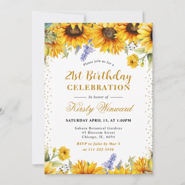 Invitación Acuarelas Girasoles y Brillo Dorado Cumpleaños (Anverso)