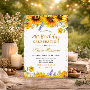 Invitación Acuarelas Girasoles y Brillo Dorado Cumpleaños