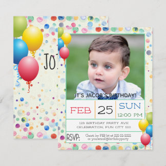 Invitación Acuarelas y globos Foto Fiesta de cumpleaños