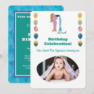 Invitación Acuario 1er Cumpleaños Foto Impresionista Dorado