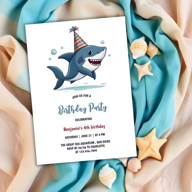 Invitación Acuario Niños Fiesta Cute Tiburón Cumpleaños (Aquarium Kids Party Cute Shark Birthday Invitation)