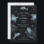 Invitación Acuarium Sea Life Kids Ocean Birday Party<br><div class="desc">Edite el texto para cualquier evento. Animales marinos azules ilustrados de color negro bg (editable)</div>