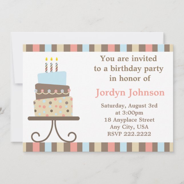 Invitación adaptable de la torta de cumpleaños (Anverso)