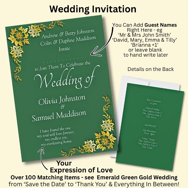 Invitación Add Guest Name Purple Emerald Green & Gold Wedding (Subido por el creador)