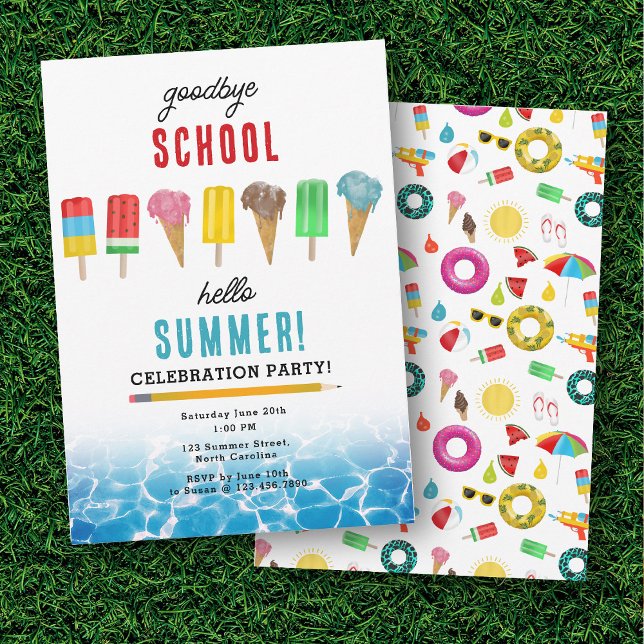 Invitación Adiós al colegio Hola Fiesta de piscina de verano (End of School Goodbye Hello Summer Pool Party Invitation)