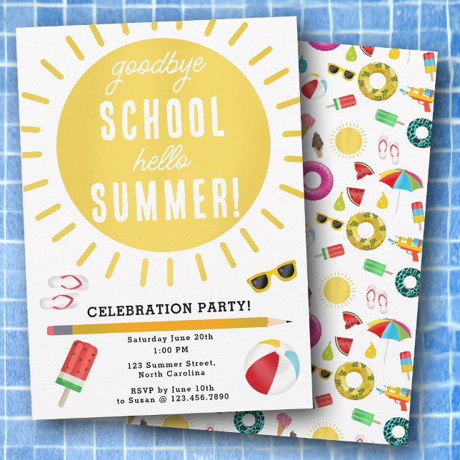 Invitación Adiós al colegio Hola Fiesta de verano de niños (End of School Goodbye Hello Summer Kids Party Invitation)
