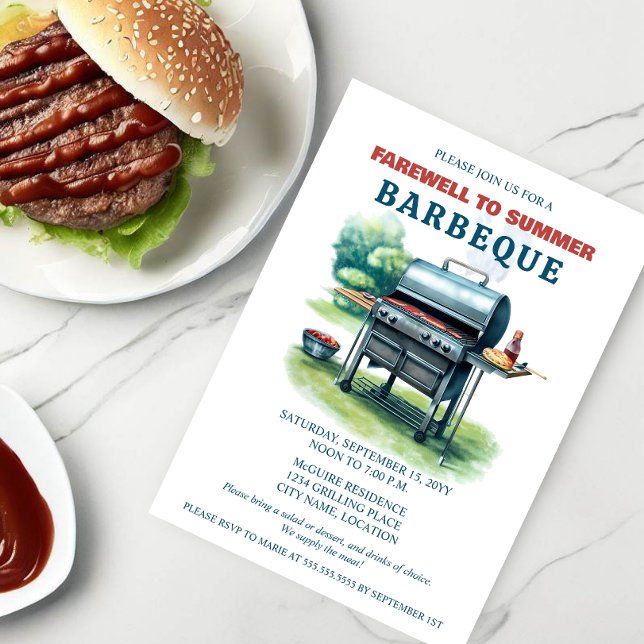 Invitación Adiós al Fiesta de verano de barbacoa (BBQ party invitation with watercolor BBQ in the backyard.  An elegant invitation to celebrate summer)