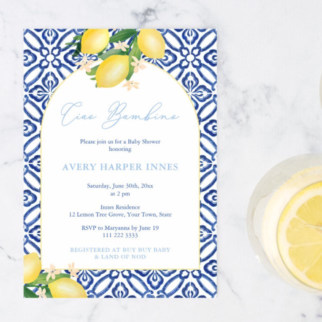 Invitación Adiós Bebé Limones Arco Niño Fiesta de Cumpleaños (Ciao Bambino Italian inspired lemons baby shower invitation to welcome a little boy. )