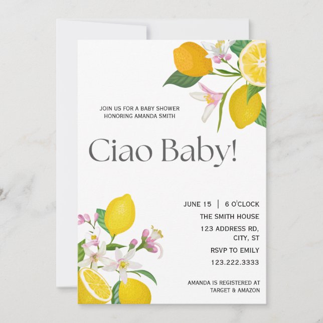 Invitación "Adiós Bebé" Lindos Limones y Flores Italianos (Anverso)