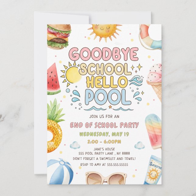 Invitación Adiós Escuela, Hola Piscina, Fiesta de Fin de Curs (Anverso)