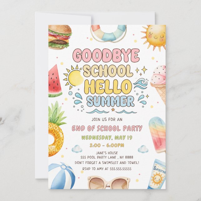 Invitación Adiós Escuela, Hola Verano, Fiesta de Fin de Curso (Anverso)