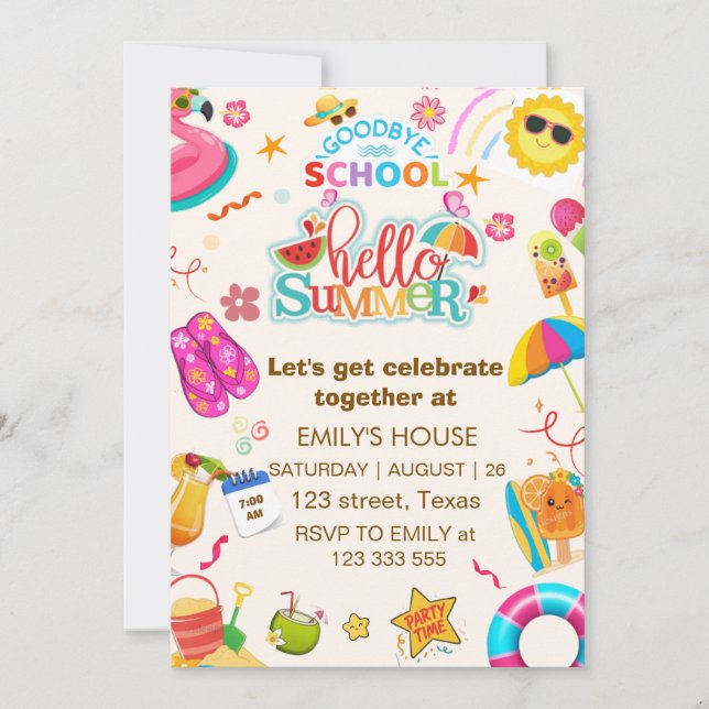 Invitación ADIÓS ESCUELA Hola verano FIESTA, Fin de curso  (Anverso)