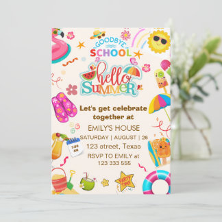 Invitación ADIÓS ESCUELA Hola verano FIESTA, Fin de curso