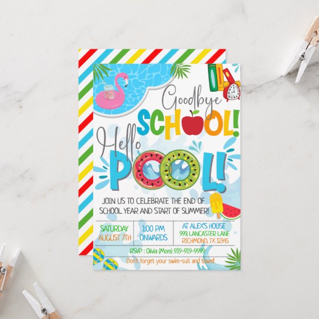 Invitación Adios Escuela Saluda Al Fiesta Del Fin Del Colegio (Anverso/Reverso In Situ)