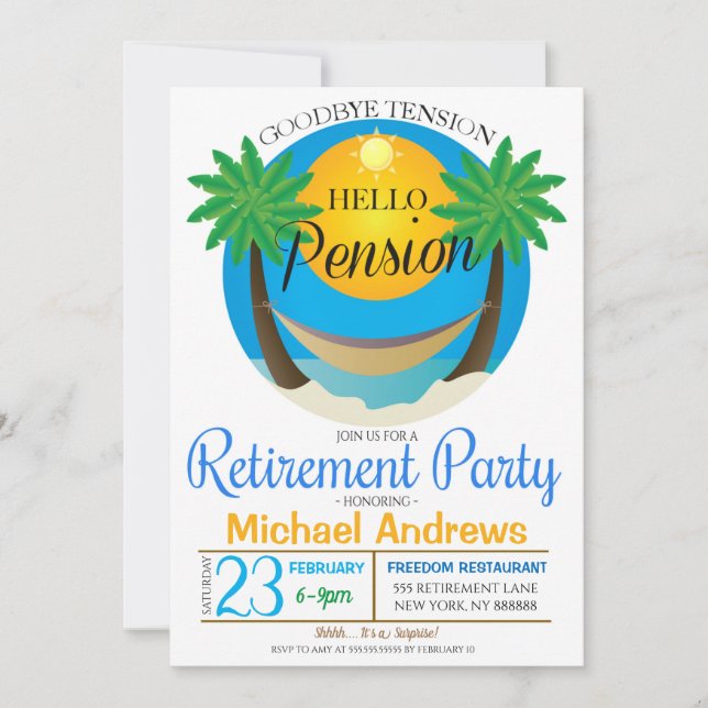 Invitación Adiós Tensión Hola Fiesta de Jubilación de Pension (Anverso)