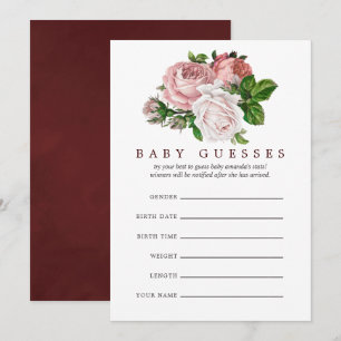Invitación Adivina la ducha de bebé floral rosa y burgundy vi