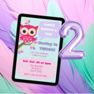 Invitación Adivina Quién Cumple Dos, Búho Rosa Cumple 2 Años