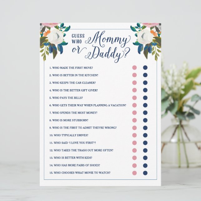 Invitación Adivina quién es el juego de Baby Shower de mamá o (Anverso de pie)