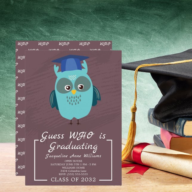 Invitación Adivina quién está celebrando el partido de gradua (Guess Who Is Celebrating Blue Owl Graduation Party Invitation)