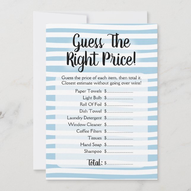 Invitación Adivinen El Precio Bridal Shower Game Blue White (Anverso)