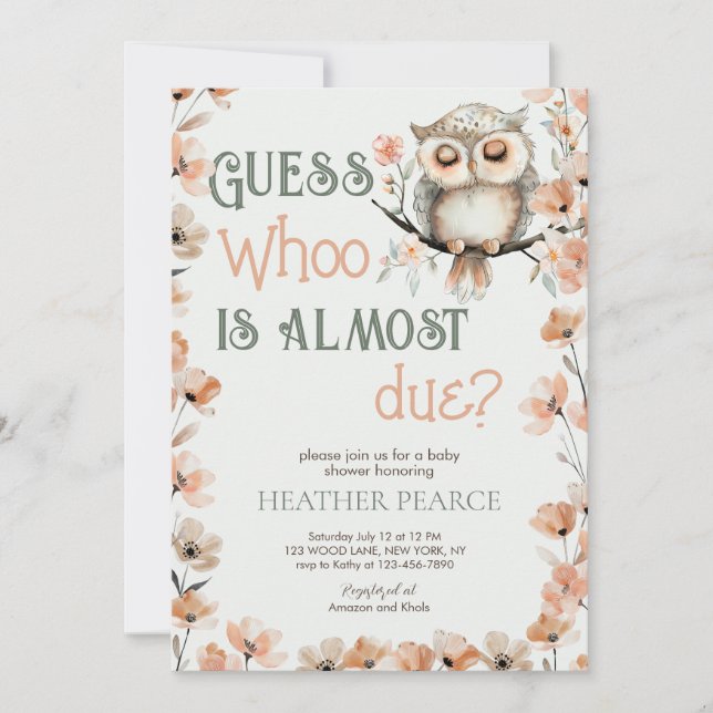 Invitación Adivinen Whoo Woodland Owl Baby Shower (Anverso)