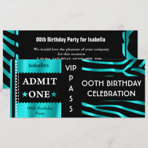Invitación Admisión Fiesta de Cumpleaños Cebra Azul Turquesa 