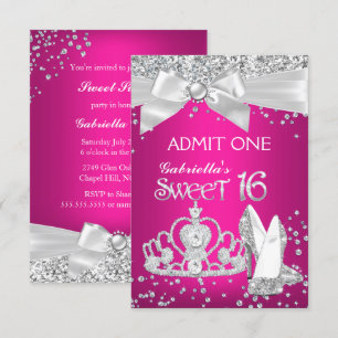 Invitación Admit Sparkle Tiara Tacones Sweet 16 Rosa Caliente