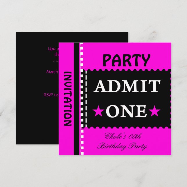 Invitación Admitir Uno Fiesta de Cumpleaños Chicas Rosa Brill (Anverso / Reverso)