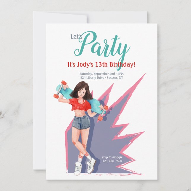 Invitación Adolescente con monopatín (Anverso)