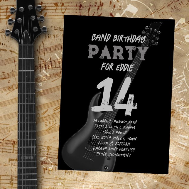 Invitación Adolescente de cumpleaños de banda de guitarra neg (Subido por el creador)