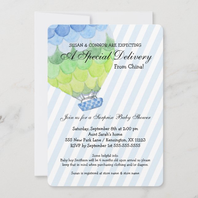 Invitación Adopción Boy Baby Shower, globo de aire caliente a (Anverso)
