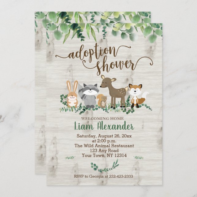 Invitación Adopción de animales de bosque de Baby Shower (Anverso / Reverso)