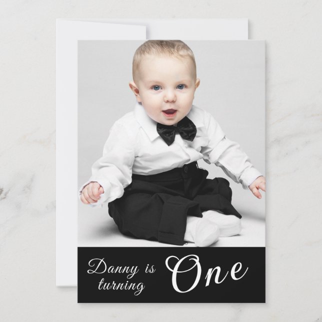Invitación Adorable 1º cumpleaños Foto en blanco y negro (Anverso)