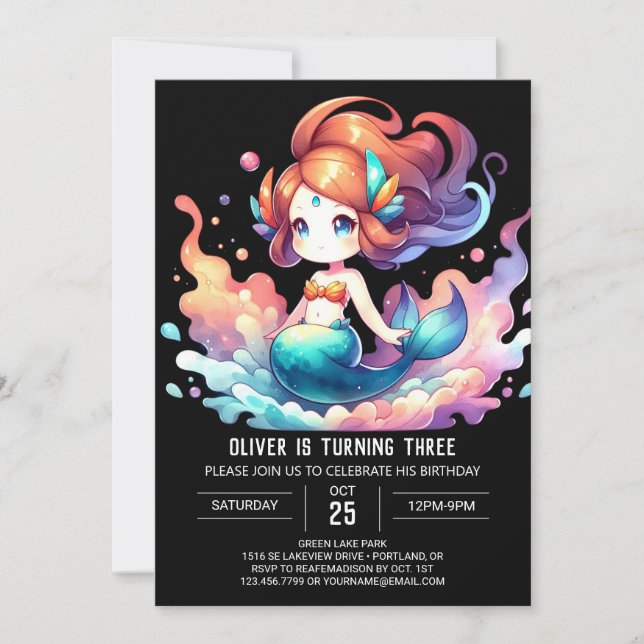 Invitación Adorable acuarela Sirena Cumpleaños (Anverso)