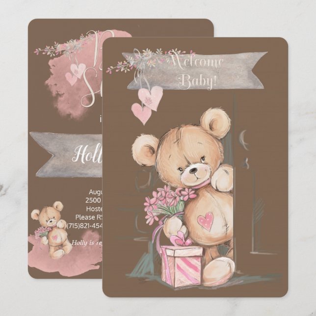 Invitación Adorable acuarela Teddy Bear Baby Shower (Anverso / Reverso)