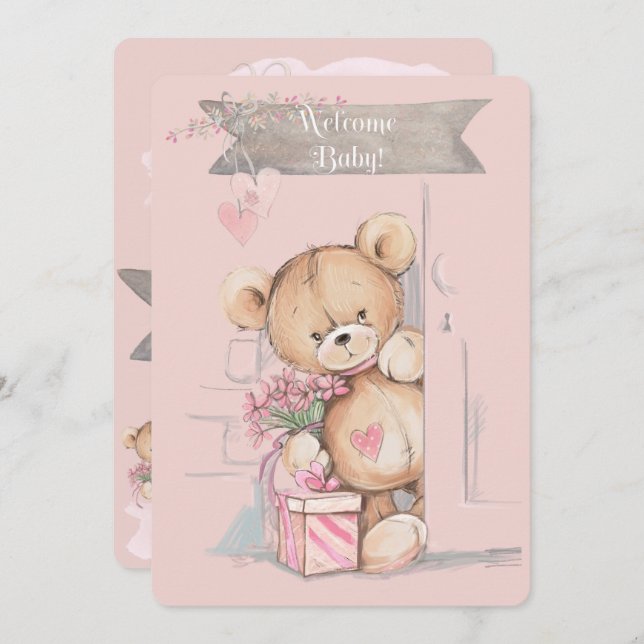 Invitación Adorable acuarela Teddy Bear Baby Shower (Anverso / Reverso)
