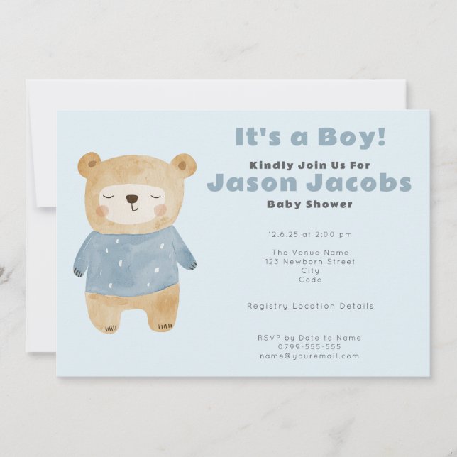 Invitación Adorable azul de peluche Bear Baby Shower "es un n (Anverso)