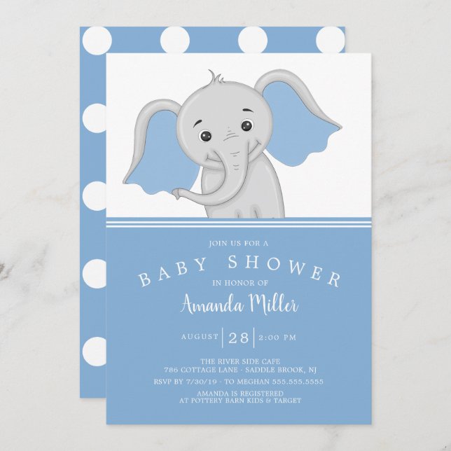 Invitación Adorable Baby Boy Elephant Baby Shower (Anverso / Reverso)