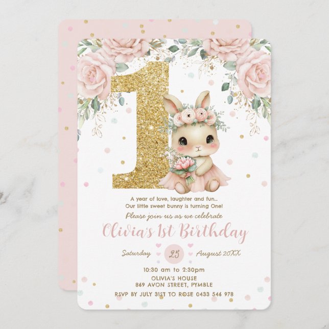 Invitación Adorable Baby Conejo Conejo Rubor Primer Cumpleaño (Anverso / Reverso)
