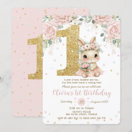 Invitación Adorable Baby Conejo Conejo Rubor Primer Cumpleaño