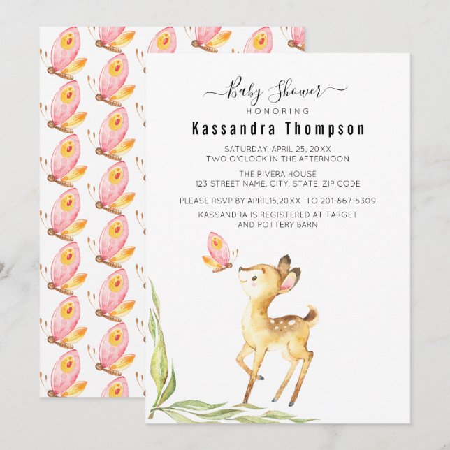 Invitación Adorable Baby Deer Con Baby Shower De Mariposa (Anverso / Reverso)