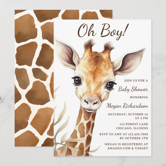 Invitación Adorable Baby Giraffe Oh Boy Baby Shower (Anverso / Reverso)