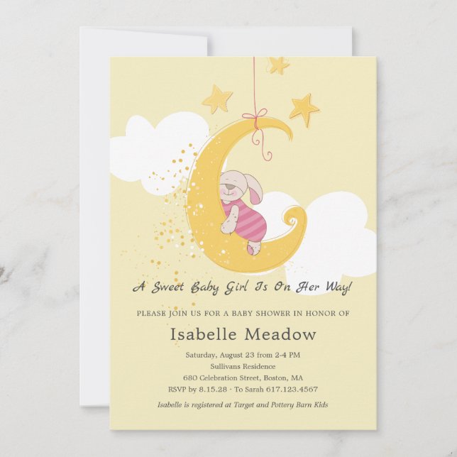 Invitación Adorable Baby Girl Rabbit Stars Moon Baby Shower (Anverso)